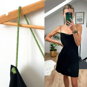 Zara Black Cowl Neck Mini Dress w/  Green Diamante Rhinestone Straps Sz Small